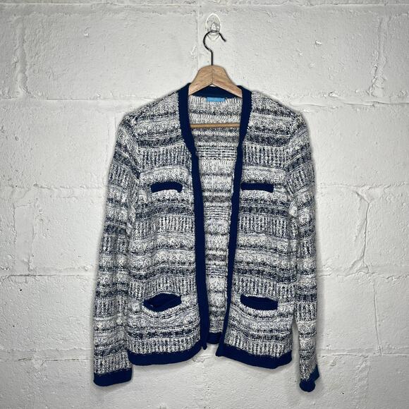 J. McLaughlin Women's White Blue Knitted Open Front Structed Cardigan Sz Medium - Picture 1 of 6